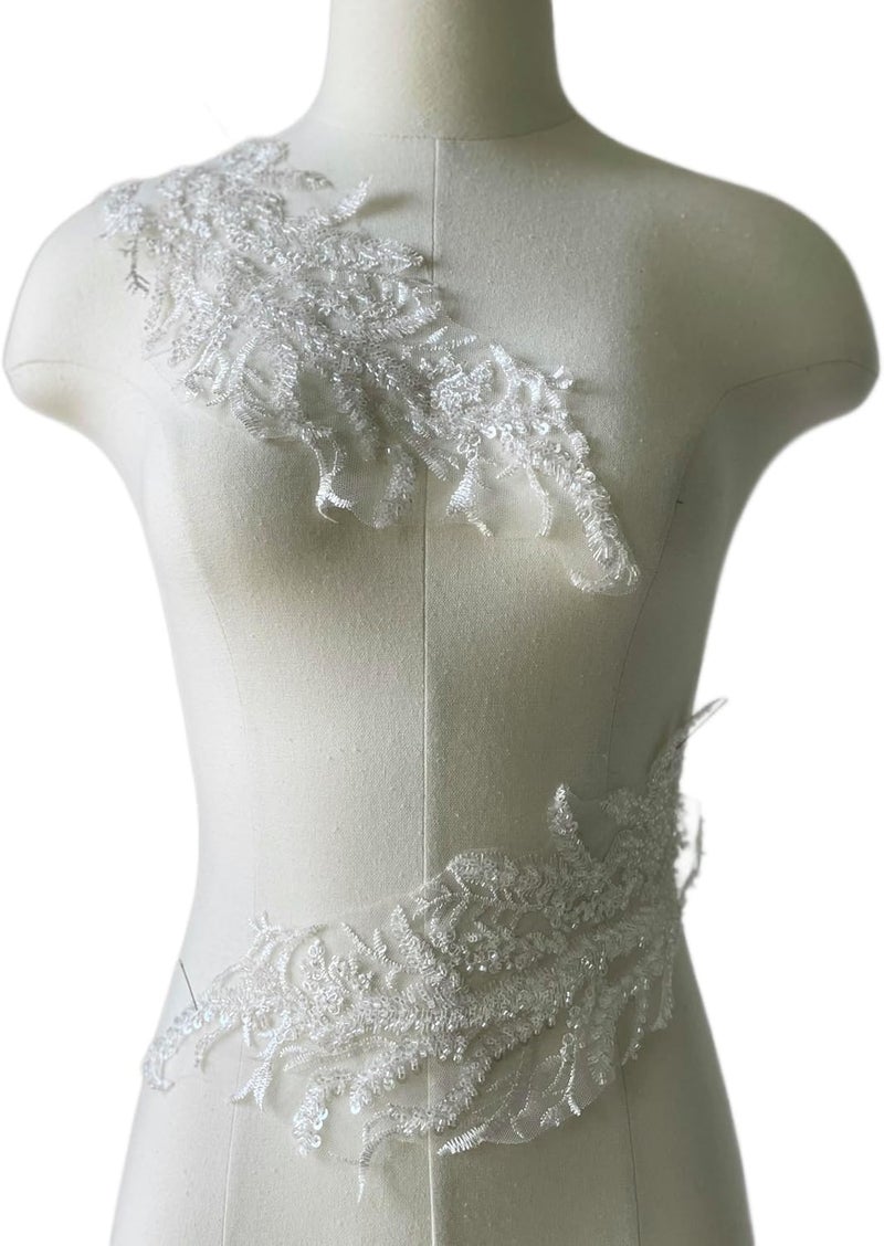 JRYYR Beaded Applique, Flower Sequin Patch, White Applique for DIY Neckline Wedding Bridal Prom Dresses Costumes 14.1x4.9 inches 1 Pair (White) - Image 3